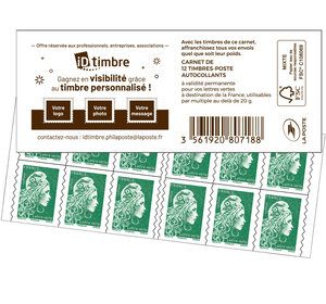 Carnet 12 timbres Marianne l'engagée - Lettre Verte - Couverture offre de personnalisation 2022