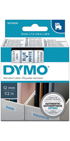 DYMO LabelManager cassette ruban D1 12mm x 7m Bleu/Blanc (compatible avec les LabelManager et les LabelWriter Duo)