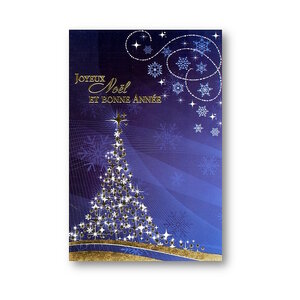 Carte De Voeux - Joyeux Noël Et Bonne Année Sapin Etoiles - Bleu Nuit Doré