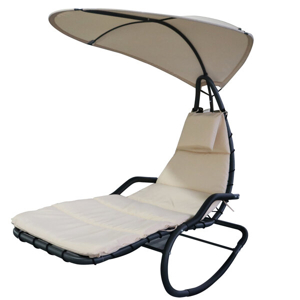 Bain de soleil transat à bascule design contemporain avec pare-soleil et matelas 1 65L x 1 25l x 1 84H m acier époxy noir polyester beige