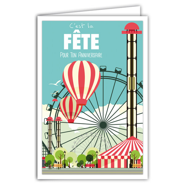 Carte Joyeux Anniversaire avec Enveloppe - Affichette Mini Posters Format 17x11 5cm - Fête Foraine Grande Roue Chapiteau Montgolfière Parc d'attraction Rétro Vintage