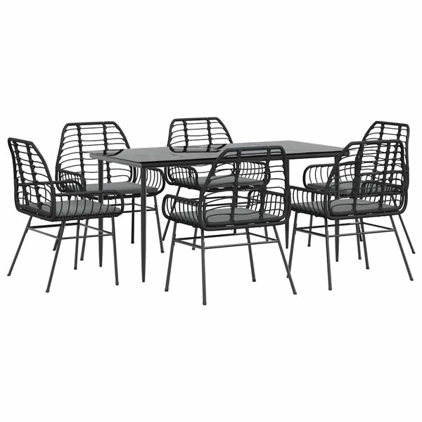 vidaXL Ensemble à manger de jardin coussins 7Pièces noir poly rotin verre