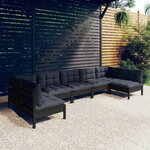 vidaXL Salon de jardin 7 Pièces avec coussins Noir Bois de pin massif