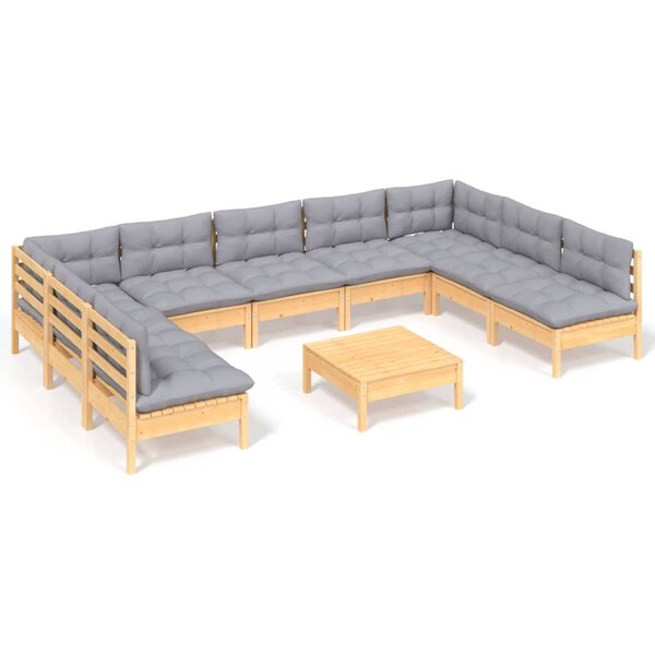 vidaXL Salon de jardin 10 Pièces avec coussins gris bois de pin massif