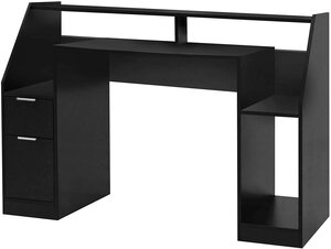 Bureau informatique multi rangements 123 cm MDF design moderne d'ordinateur PC table d'étude noir 01_0001108
