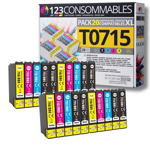 123CONSOMMABLES - T0715 - Pack pour Epson T0715 T0711 T0712 T713 T0714 - Cartouches Compatible avec Epson Stylus SX218 SX400 SX510W SX515W DX7450 DX8450 (8 Noir / 4 Cyan / 4 Magenta / 4 Jaune)
