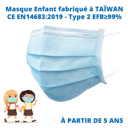 Lot de 50 Masques chirurgicaux Enfants - Qualité médicale type II CE EN14683:2019