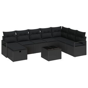 vidaXL Ensemble de Canapé de Jardin 9 Pièces avec Coussins en Rattan Poly Noir
