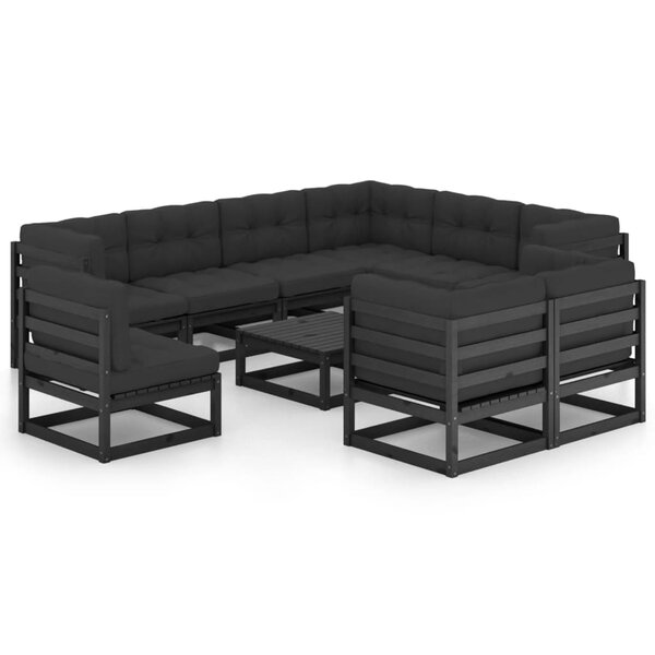 vidaXL Salon de jardin 10 Pièces avec coussins Noir Bois de pin massif