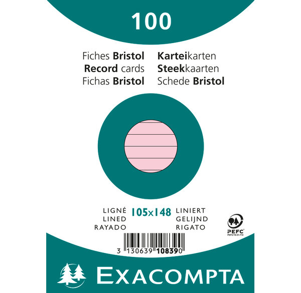 Paquet de 100 Fiches Bristol A6 rose ligné. s/s film EXACOMPTA