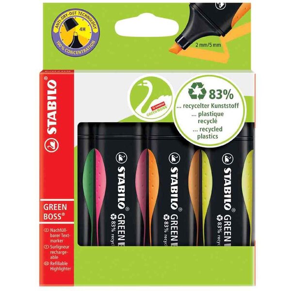 Étui de 4 Surligneurs GREEN BOSS Pointe Biseautée 2-5 mm Couleurs assorties x 5 STABILO