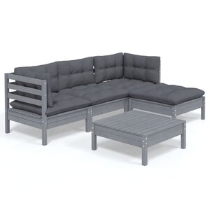 vidaXL Salon de jardin 5 Pièces avec coussins Gris Bois de pin