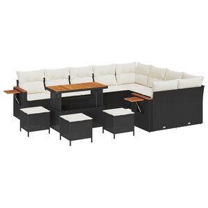 Ensemble de canapé de jardin 13 pièces avec coussins Noir Poly Rotin Acacia