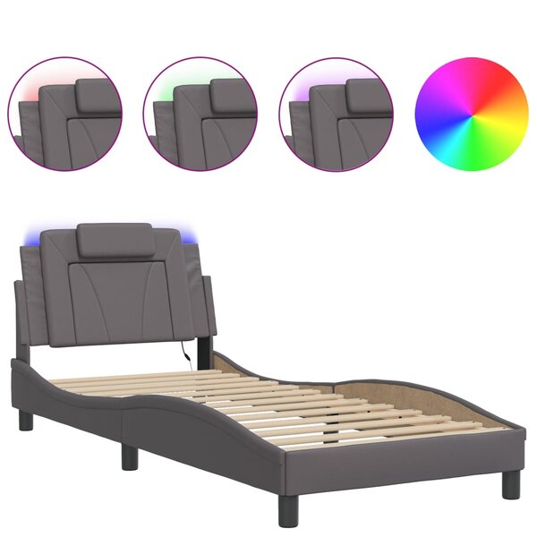 vidaXL Cadre de lit avec lumières LED gris 90x200 cm similicuir