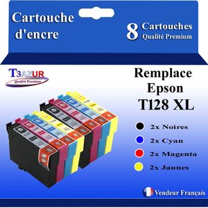 T3AZUR- 8x Cartouches Compatibles avec Epson T1281 T1282 T1282 T1284 T128 XL