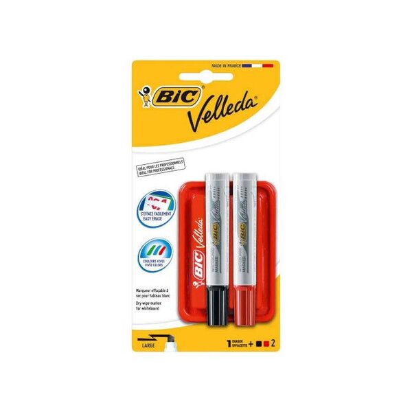 Pochette de 2 Feutres effaçable à sec Pte Biseau N/R + Brosse magnétique VELLEDA
