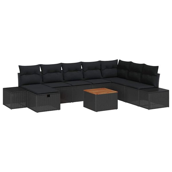 vidaXL Ensemble de canapé de jardin avec coussin 9 Pièces Noir Poly rotin