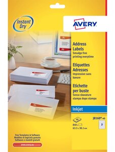 J8160-40 - 840 étiquettes d'adressage blanches adhésives 63,5x38,1mm jet d'encre avery