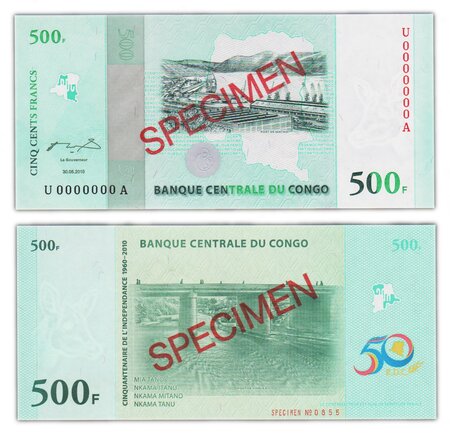 Billet de collection 500 francs 2010 congo - neuf - p100 - specimen