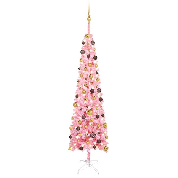 Vidaxl arbre de noël mince avec led et boules rose 210 cm