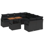vidaXL Ensemble de canapé de jardin 9 pièces avec coussins en poly rattan noir