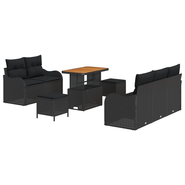 vidaXL Canapé de jardin 8 pièces avec des coussins en rotin synthétique noir acacia.