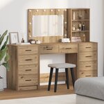 vidaXL Ensemble de table de maquillage 3 pièces avec LED en chêne fait main en bois d'ingénierie