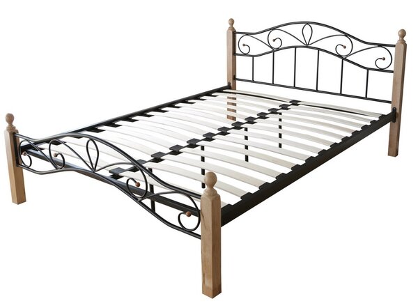 Design metal lit double 160 x 200 cadre de lit lattes bois neuf natural brun