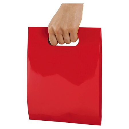 Pochette cadeau pelliculée rouge à poignée découpée 20 x 24 x 8 cm (lot de 100)