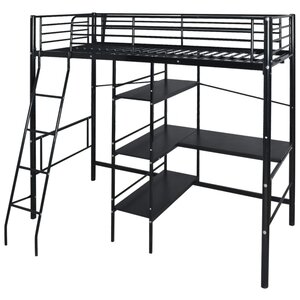 Vidaxl lit haut avec bureau noir métal 90x200 cm