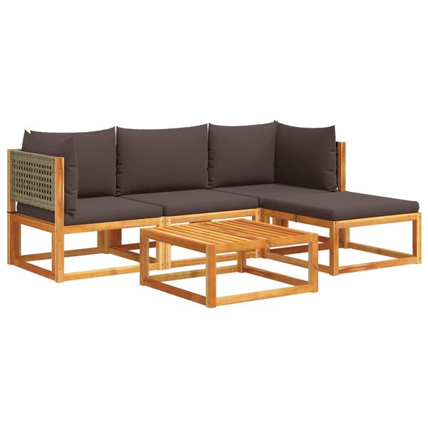 vidaXL Ensemble de canapés de jardin 5 pièces avec coussins en bois d'acacia et rotin