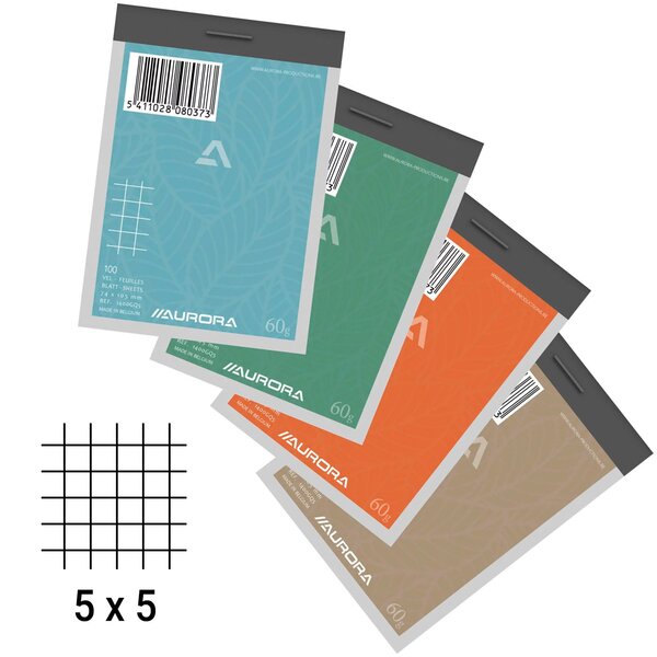 Blocs-notes aurora a7 quadrillé 5x5 - lot de 10