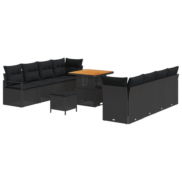 Ensemble de canapé de jardin 11 pièces avec coussins noir poly rotin acacia