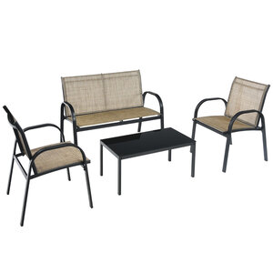 Lot de 4 Pièces salon de jardin en textilène avec table basse 80 x 45 x 37 5 cm  assise ergonomique  ambiance cosy  en métal marron 20_0009948