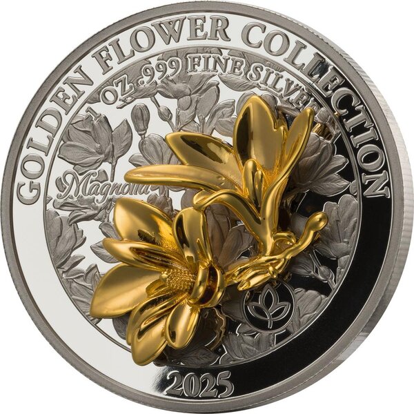 Pièce de monnaie en Argent 5 Dollars g 31.1 (1 oz) Millésime 2025 Golden Flower Collection MAGNOLIA