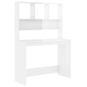 Bureau table poste de travail meuble d'ordinateur informatique étude et étagères brillant 102 x 45 x 148 cm bois ingénierie blanc 02_0023814