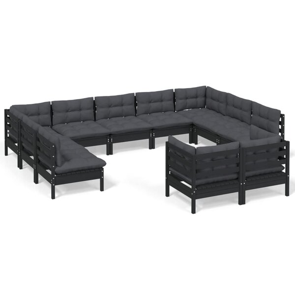 vidaXL Salon de jardin 11 Pièces avec coussins Noir Bois de pin solide