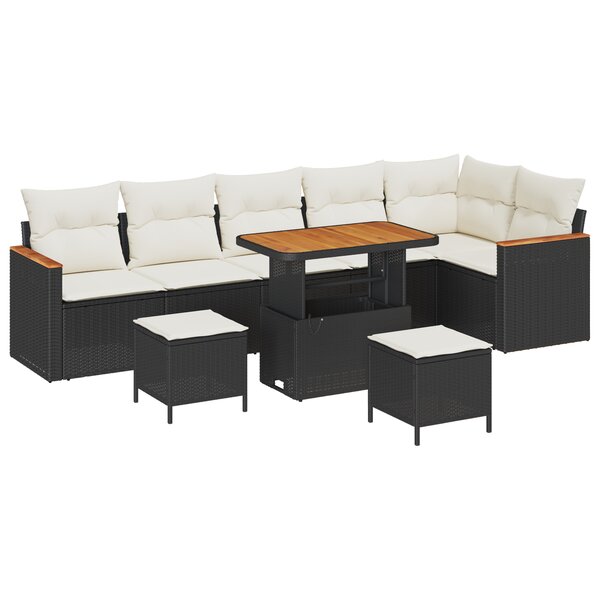 Canapé de jardin 9 pièces avec coussins noir poly rattan acacia