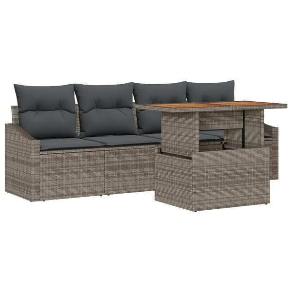 vidaXL Ensemble de salle à manger de jardin 5 pièces avec coussins gris en poly rattan et acacia