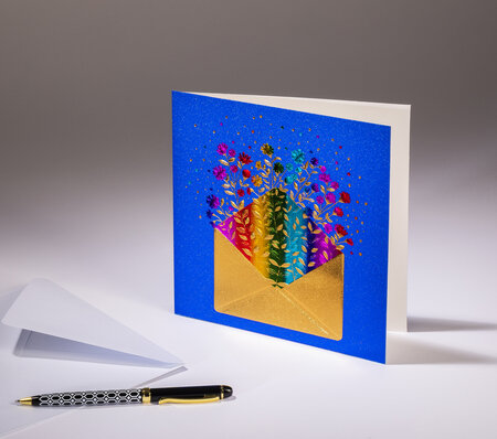 Carte double sparkle - enveloppe de fleurs - papier paillette bleue  dorures arc-en-ciel et or