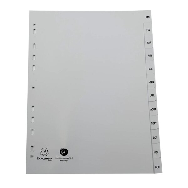 Intercalaires Imprimés Mensuels Pp Recyclé Gris Janvier-décembre - 12 Positions - A4 - Gris - Exacompta
