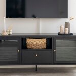 Console TV noire avec portes en verre et tiroir