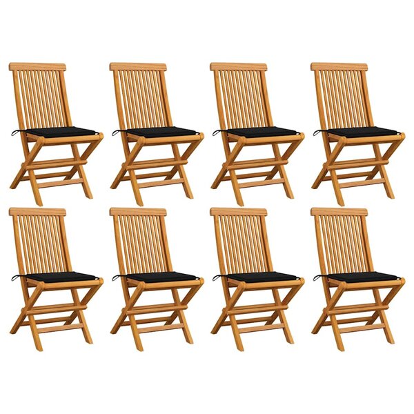 vidaXL Chaises de jardin et coussins noir lot de 8 Bois de teck massif