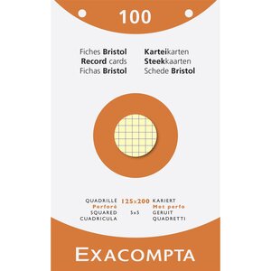 Étui de 100 fiches bristol quadrillé 5x5 perforé 125x200mm Couleurs assorties EXACOMPTA