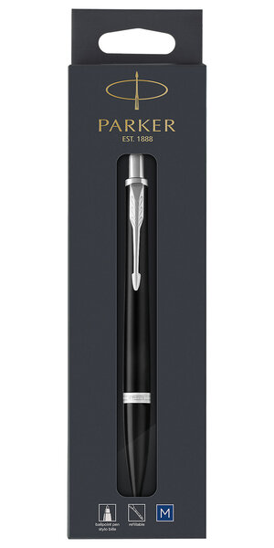 PARKER Urban Stylo-bille, noir mat , pointe moyenne, attributs chromés, recharge bleue