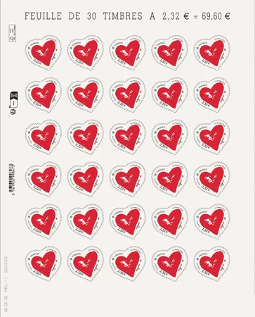 Feuille 30 timbres Coeur - agnès b. - 100g - Lettre verte