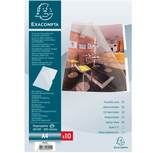Sachets de 10 pochettes à coins PP lisse Cristal EXACOMPTA