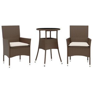 vidaXL Ensemble à manger de jardin et coussins 3Pièces marron rotin verre