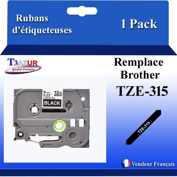 Ruban d'étiqueteuse compatible avec  Brother Tze315  Tze-315 pour étiqueteuses P-touch - Texte blanc sur fond noir - Largeur 6 mm x 8 mètres - T3AZUR