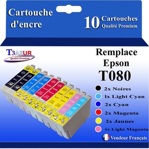 T3AZUR- 10x Cartouches Compatibles avec Epson T0801 T0802 T0803 T0804 T0805 T0806 remplace Epson Stylus PX700W PX710W PX720WD PX730WD PX-700W PX-710W PX-720WD PX-730WD Noire
